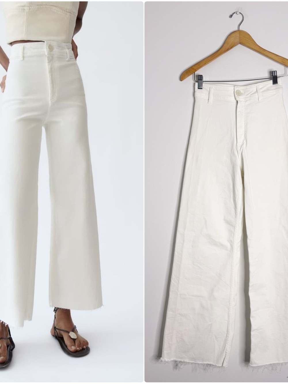 Zara Marine Straight White Wide Leg Jeans Size 2 High Rise Raw Hem